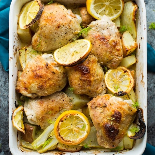 Simple, Roasted Lemon & Fennel Chicken Thighs with potatoes