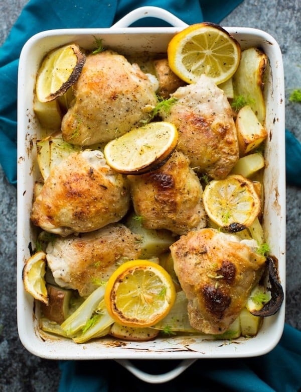 Simple, Roasted Lemon & Fennel Chicken Thighs with potatoes