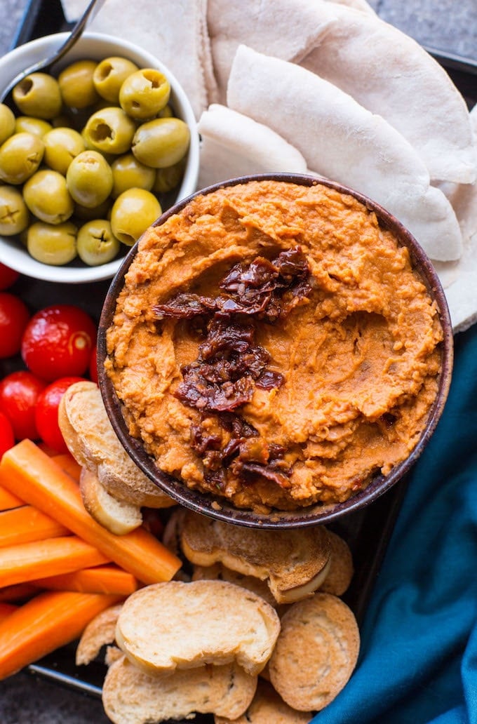 5-minute Sun Dried Tomato White Bean Dip - smooth, creamy, and packed full of flavour! | Gluten Free + Vegan | Up close overhead view