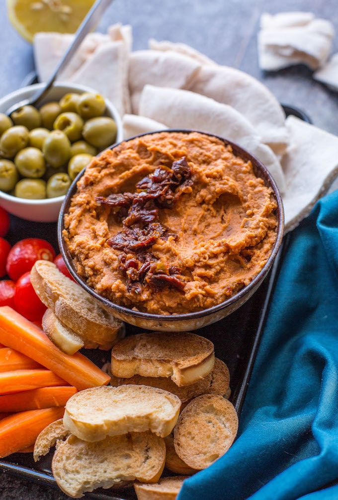 5-minute Sun Dried Tomato White Bean Dip - smooth, creamy, and packed full of flavour! | Gluten Free + Vegan | view from the side
