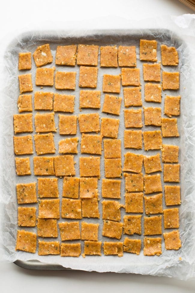 Sweet Potato Paleo Crackers cut up on a baking sheet