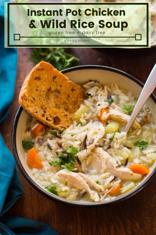 Hearty + healthy Chicken and Wild Rice Soup - comes together in the instant pot and ready in under 30 minutes! Perfect for fall and winter dinners! | #GlutenFree + #DairyFree #InstantPot #WildRice #Soup #HealthyRecipes #InstantPotRecipe #WildRiceSoup