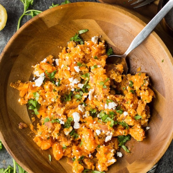 Lemony Feta & Sweet Potato Mash mixed together in a bowl