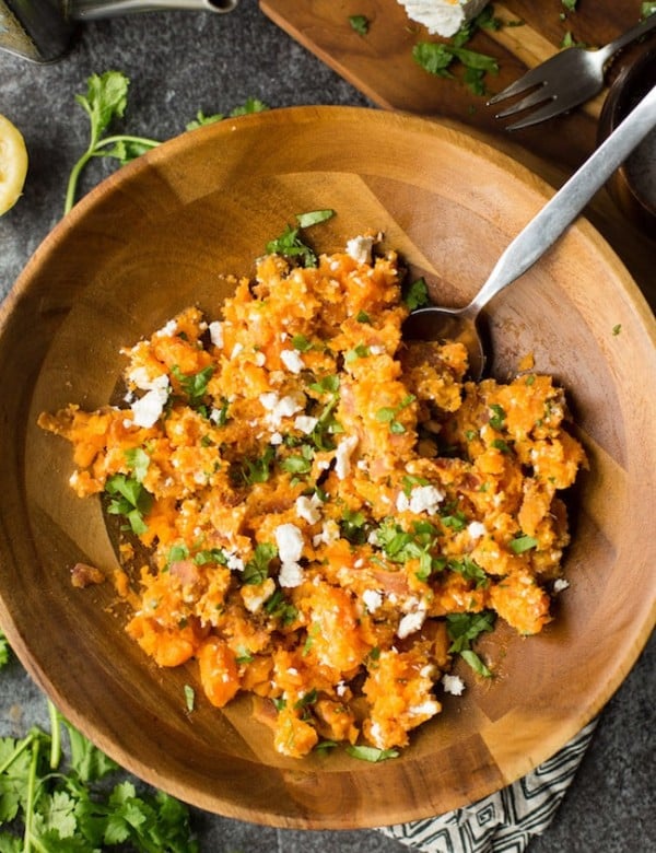 Lemony Feta & Sweet Potato Mash mixed together in a bowl