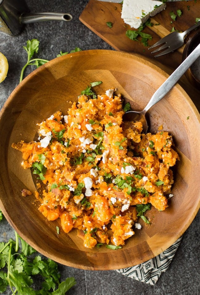 Lemony Feta & Sweet Potato Mash mixed together in a bowl