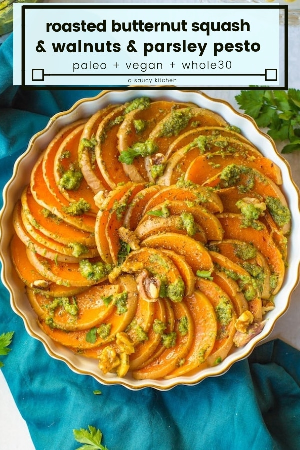 roasted butternut squash slices with walnuts & parsley pesto