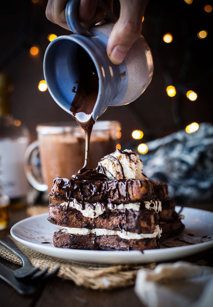 Dairy Free Stuffed Hot Chocolate French Toast - Gluten free sliced bread soaked in hot chocolate with layers of coconut whipped cream & hot fudge sauce - pour over fudge sauce