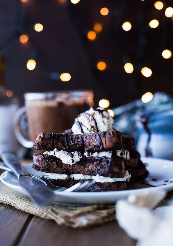 Dairy Free Stuffed Hot Chocolate French Toast - Gluten free sliced bread soaked in hot chocolate with layers of coconut whipped cream & hot fudge sauce