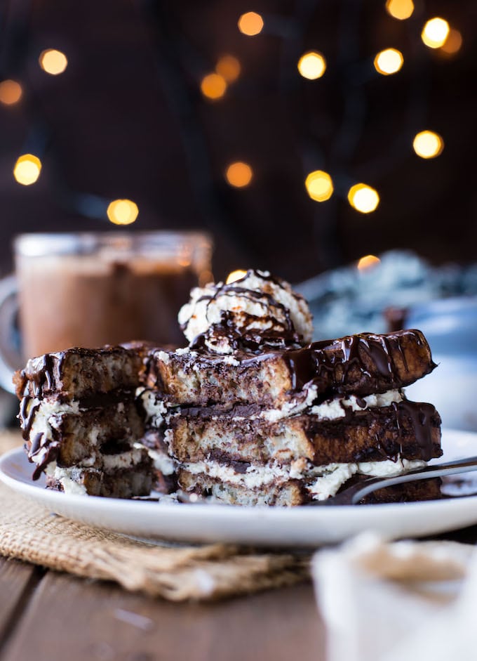 Dairy Free Stuffed Hot Chocolate French Toast - Gluten free sliced bread soaked in hot chocolate with layers of coconut whipped cream & hot fudge sauce