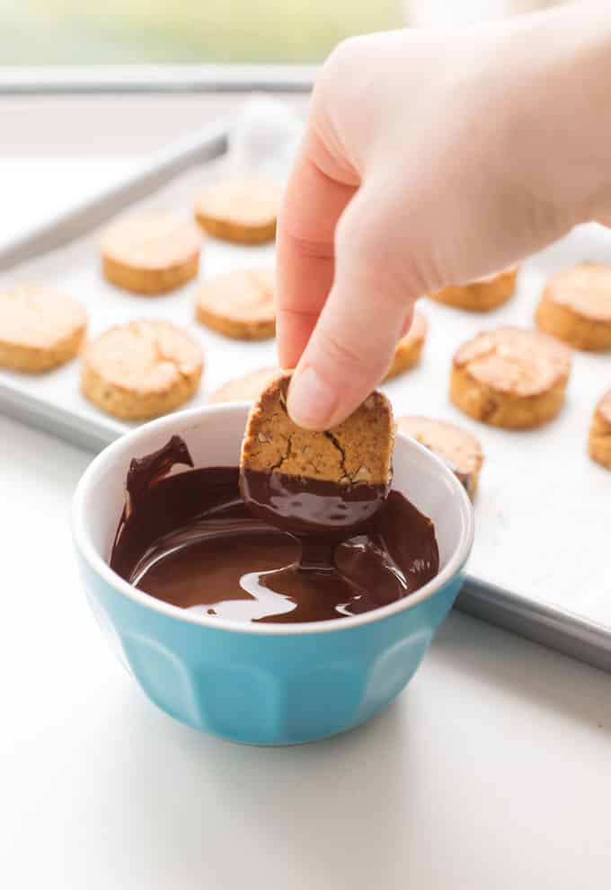 Chocolate and Hazelnut Slice and Bake Cookies - crunchy, toasted hazelnut cookies dipped in dark chocolate | Grain Free + Vegan | Cookies dipped in chocolate