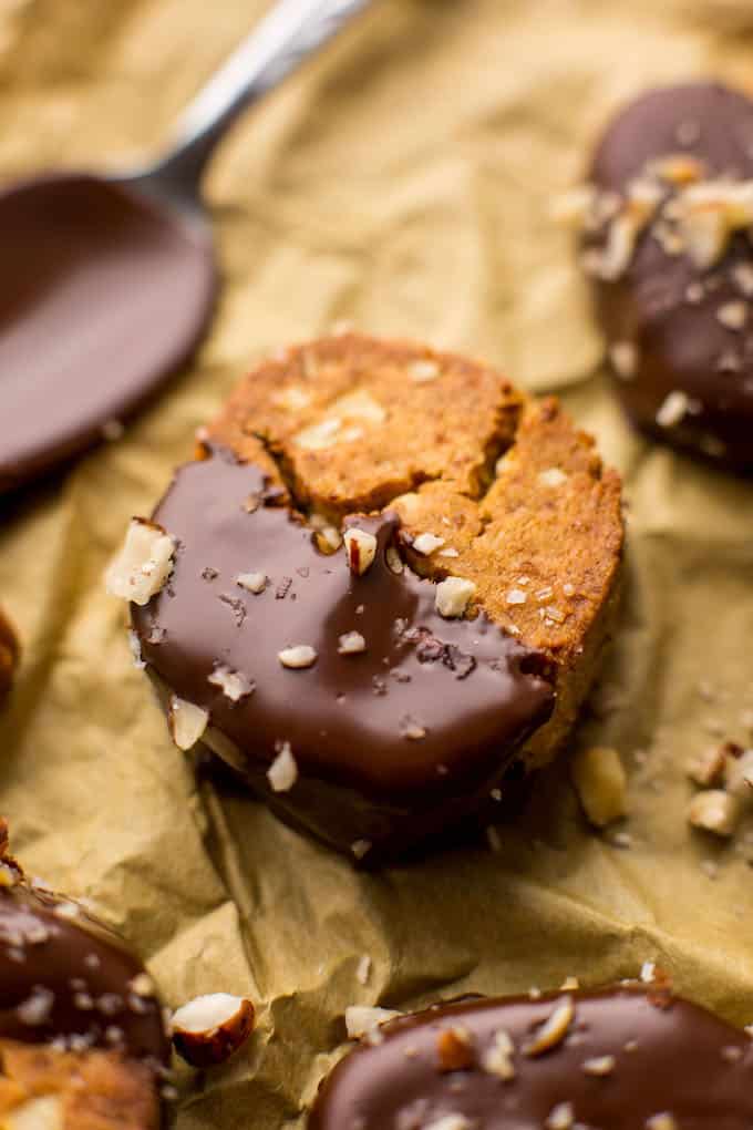 Chocolate and Hazelnut Slice and Bake Cookies - crunchy, toasted hazelnut cookies dipped in dark chocolate | Grain Free + Vegan