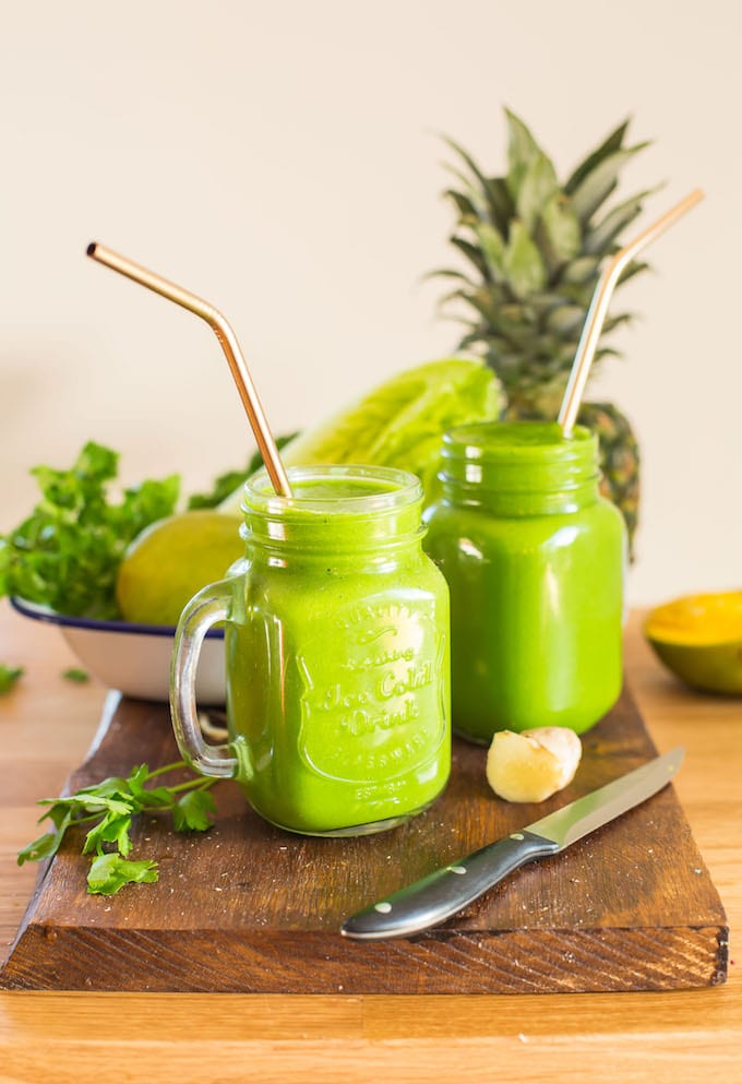 Green Monster Smoothie - loaded with anti inflammatory fruits and vegetables, herbs & spices. Enjoy as a starter to your morning or when you need a pick-me-up throughout the day! Paleo + Vegan 