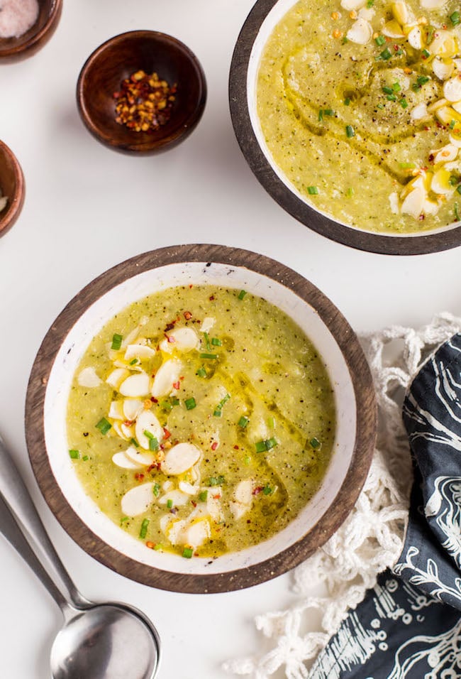 Broccoli Leek Soup with sliced almonds, chives and red pepper flakes