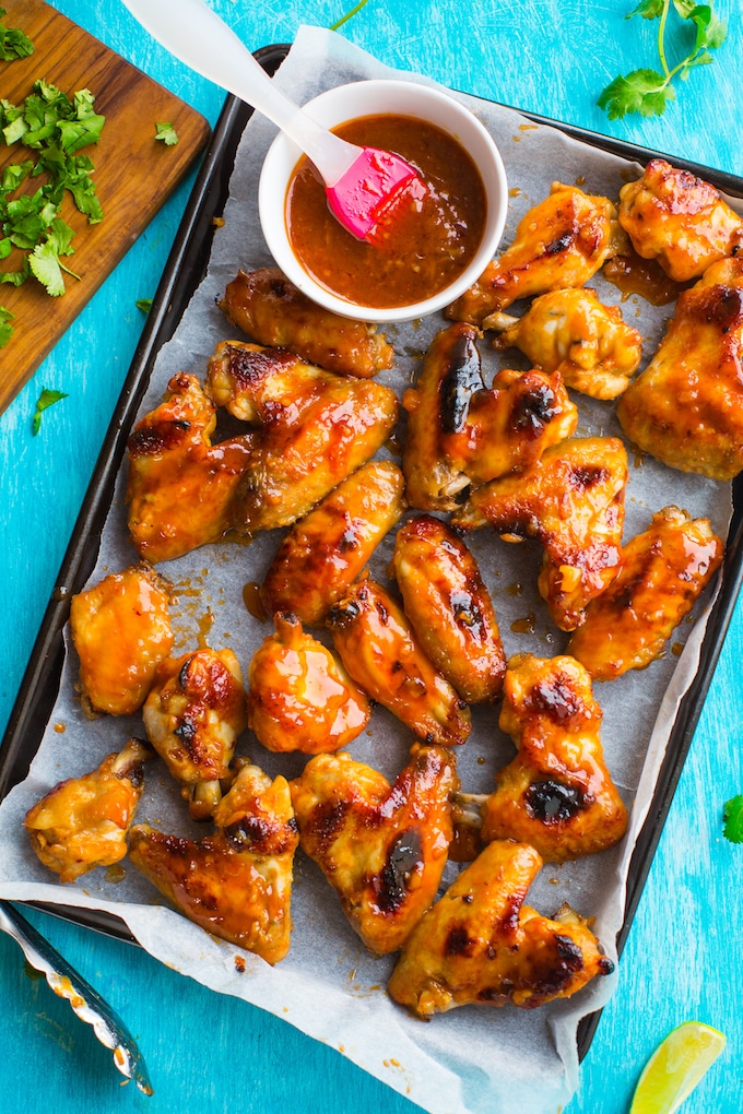 Honey Sriracha Wings view from above on a cookie sheet