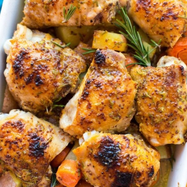 Low FODMAP Maple Mustard Chicken with Rosemary in a casserole dish