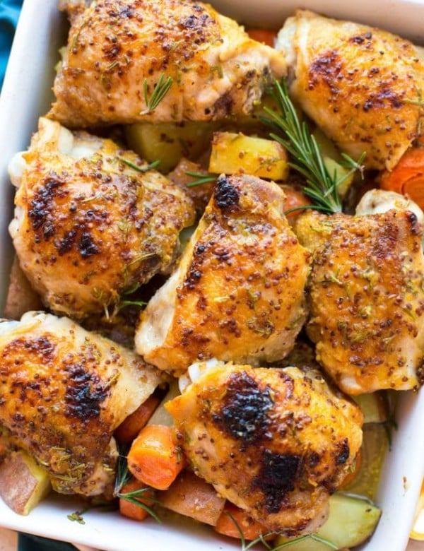 Low FODMAP Maple Mustard Chicken with Rosemary in a casserole dish