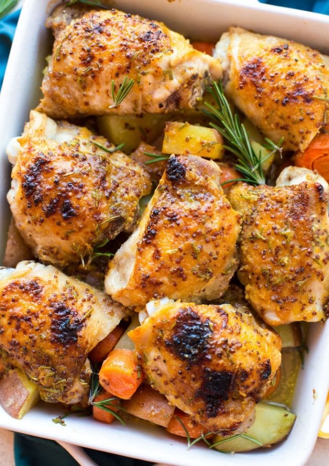 Low FODMAP Maple Mustard Chicken with Rosemary in a casserole dish