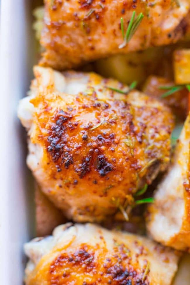 Low FODMAP Maple Mustard Chicken with Rosemary up close to a chicken thigh