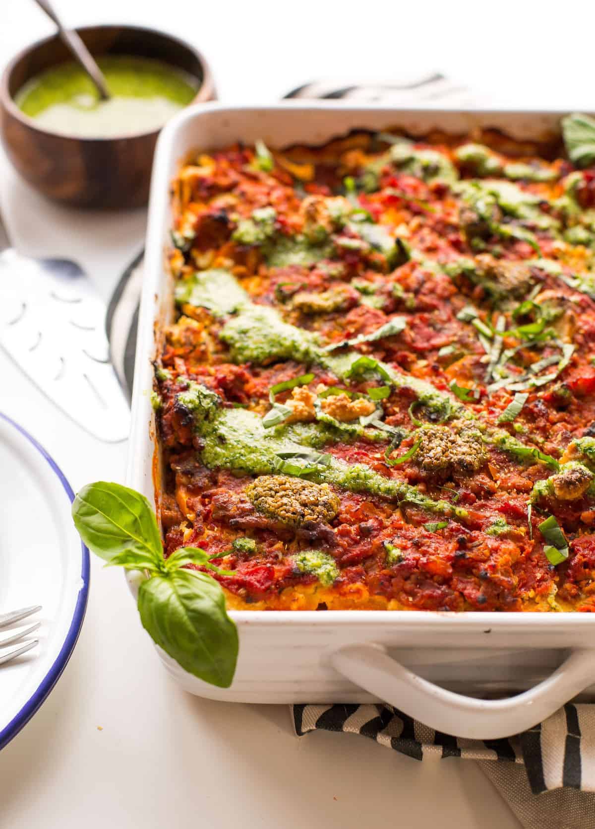 sweet potato lasagna in a white casserole dish