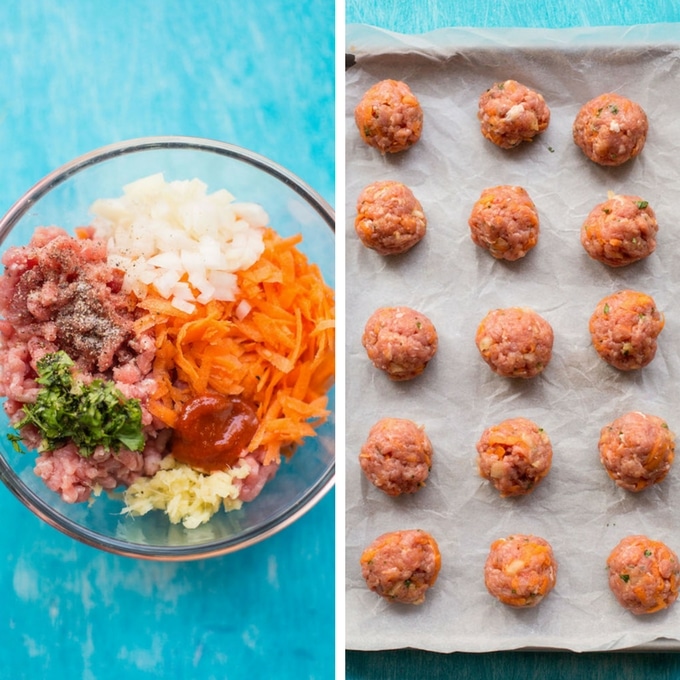 Honey Sriracha Turkey Meatballs prep: bowl of unmixed meatball ingredients on left and rolled meatballs in baking sheet on the right
