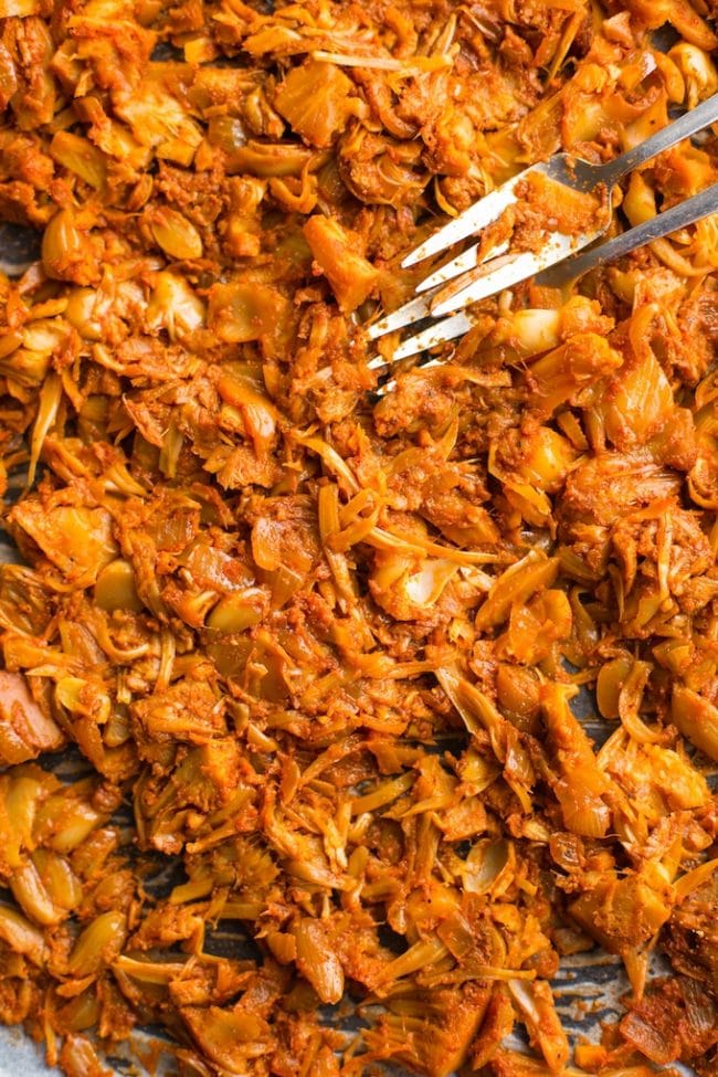 BBQ Jackfruit Pulled 'Pork' up close on a baking sheet