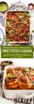 long pin graphic for sweet potato lasagna: "almond ricotta + basil pesto SWEET POTATO LASAGNA gluten free + whole30 compliant" A Saucy Kitchen