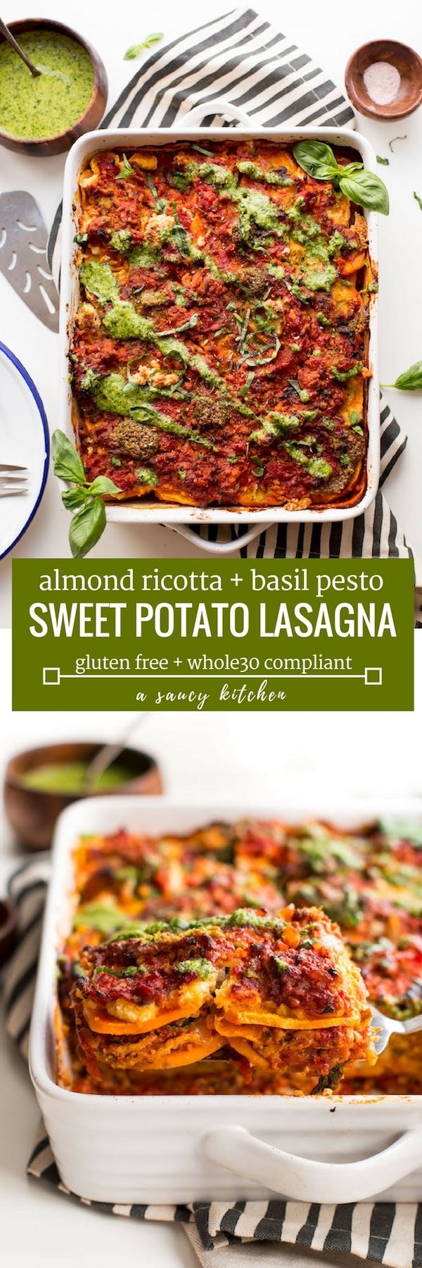 paleo sweet potato lasagna with almond ricotta & basil pesto