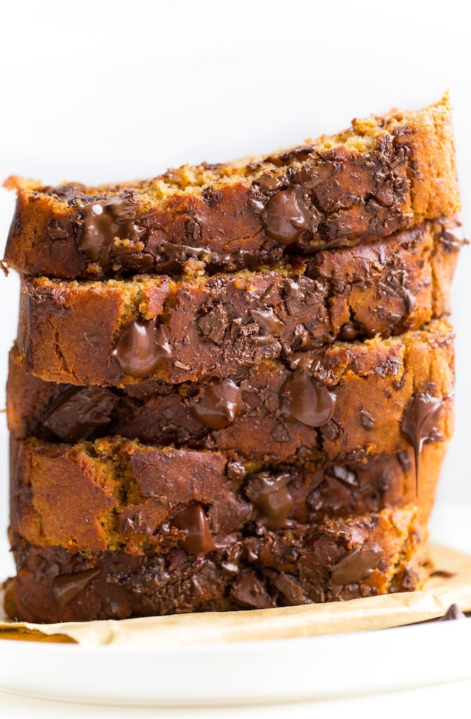 Chickpea Flour Vegan Banana Bread slices and stacked on a plate