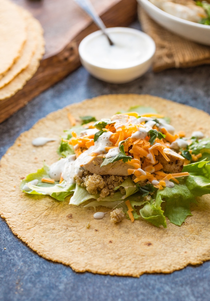 Low FODMAP Quinoa Chicken Ranch Wraps - gluten free tortilla filled with chicken, lettuce, cheese & low FODMAP ranch