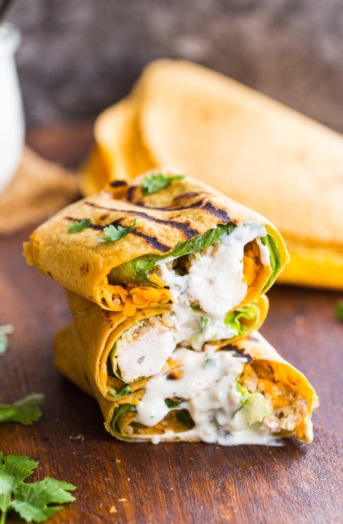 Low FODMAP Quinoa Chicken Ranch Wraps cut in half & stacked on top of each other