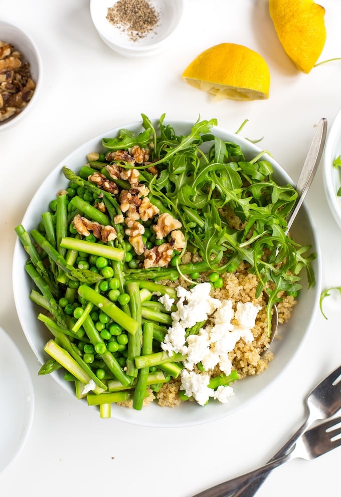 Spring Quinoa Pea & Asparagus Salad premixed in a bowl