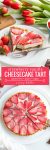 Strawberry Vanilla Vegan Cheesecake pinterest graphic: A thick and creamy cashew vanilla cream topped with sliced strawberries over a layer of melted chocolate and a naturally sweetened date & hazelnut crust | Paleo + Raw