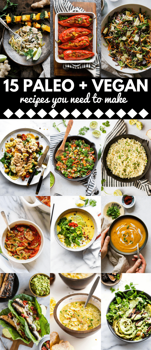 15 plant focused, savoury vegan + paleo recipes that'll make you glow! From cozy soups, creamy sauces, and colourful salads - here are 15 delicious ways to eat more veggies! #paleo #vegan #glutenfree