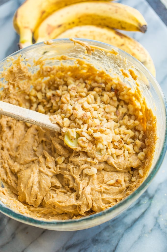  Banana Nut Scones batter in mixing bowl with chopped walnuts on top