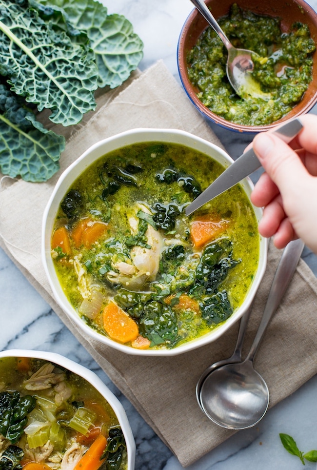Kale and Chicken Pesto Soup in a soup bowl 