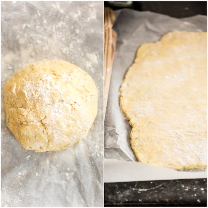 Gluten Free Breadsticks dough in a ball on the left and and rolled out on the right