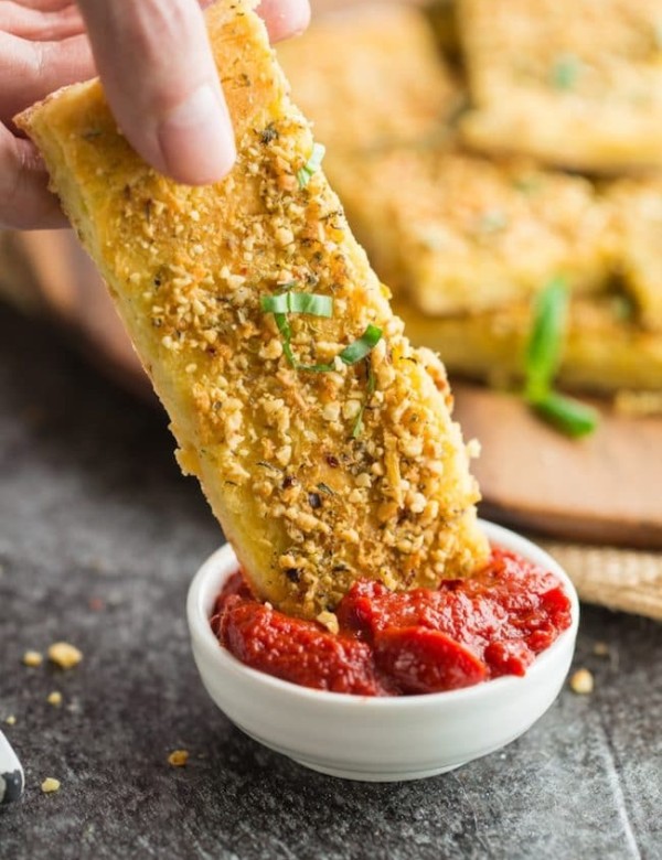 Gluten Free Breadsticks with Zucchini dipping in marinara sauce