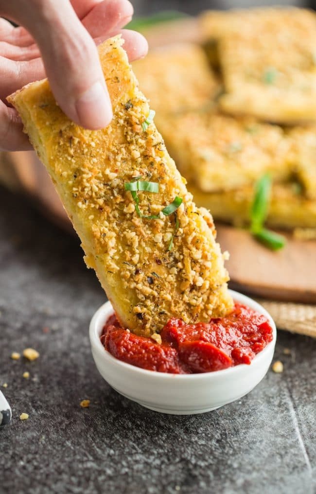 Gluten Free Breadsticks with Zucchini dipping in marinara sauce