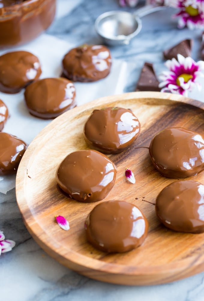 Homemade Coconut Peppermint Patties dipped in chocolate