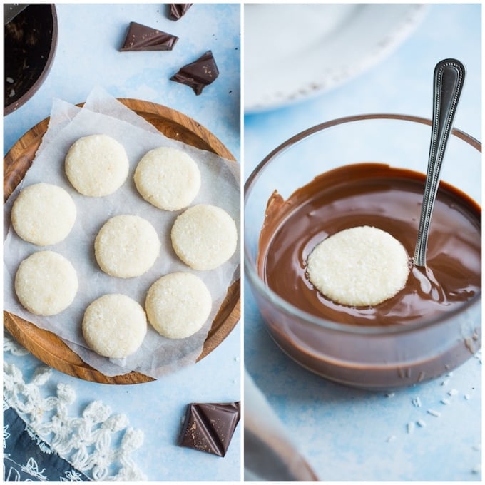 Paleo Peppermint Patties in process: coconut patties on a plate on the right and coconut patty in a bowl of chocolate on the left