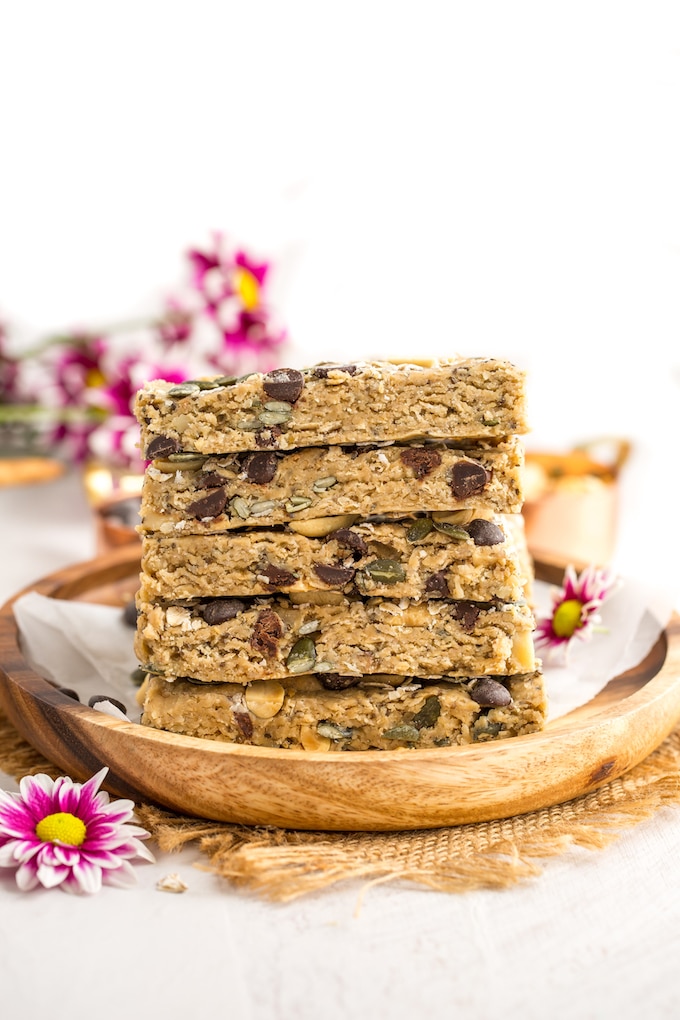  Peanut Butter No Bake Granola Bars stacked on a plate