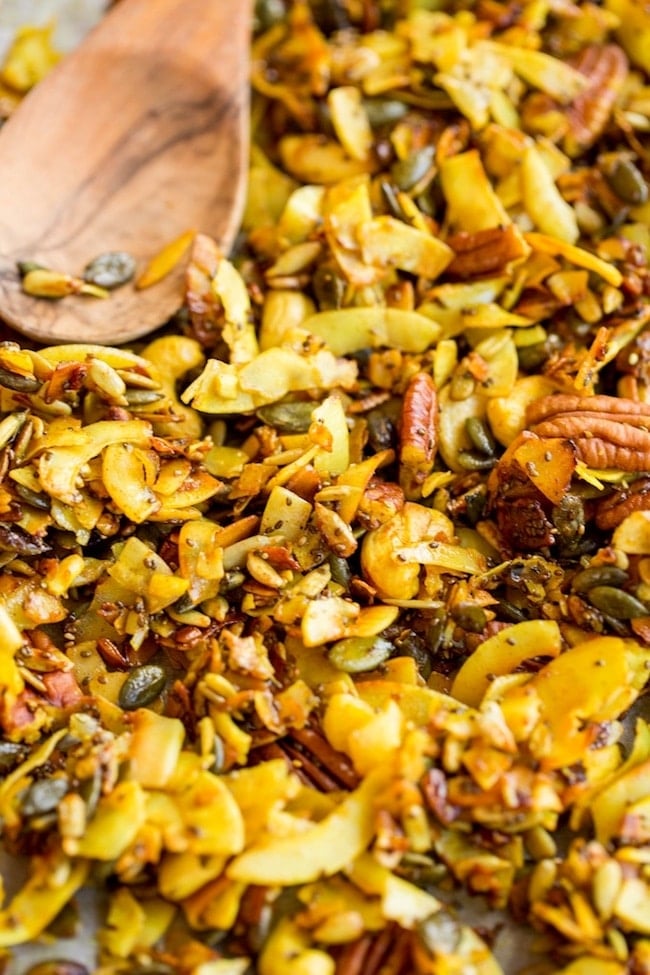 stove top paleo granola spiced with turmeric on a baking sheet