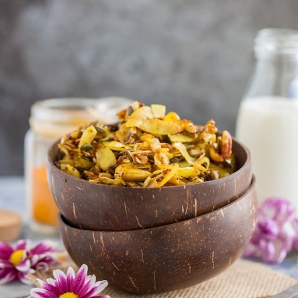 Turmeric & cinnamon spied stove top paleo granola in a cereal bowl surrounded by flowers #glutenfree #paleo #vegan
