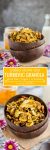 Turmeric Stove Top Paleo Granola pin graphic with text | grain free + vegan + 15 minutes