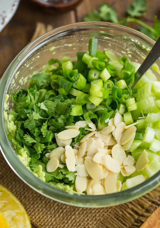 Avocado Chicken Salad - premixed with cilantro, spring onions, celery and slivered almonds 