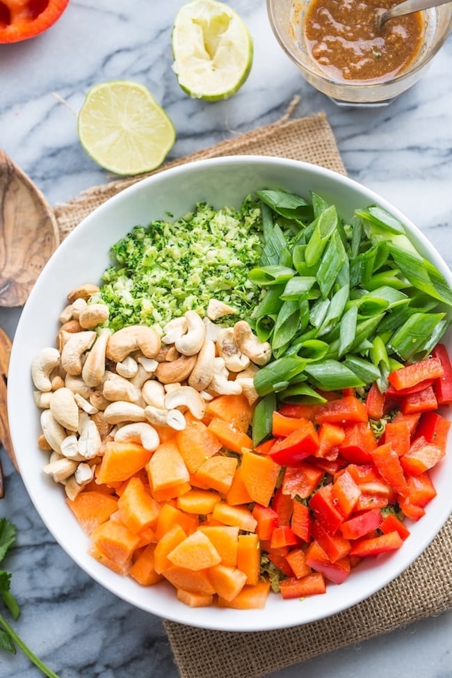 Chopped Thai Broccoli Salad premixed: spring onions, cashews, carrots and red pepper