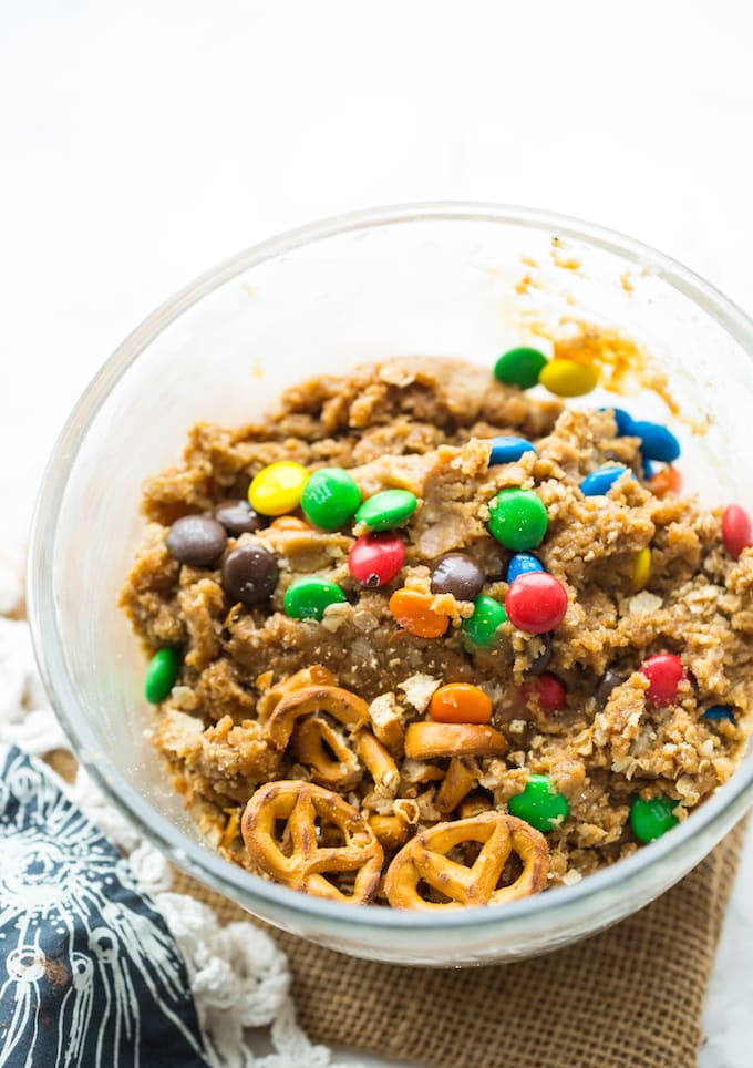 Peanut Butter Monster Cookies unbaked dough with m&m's & pretzels