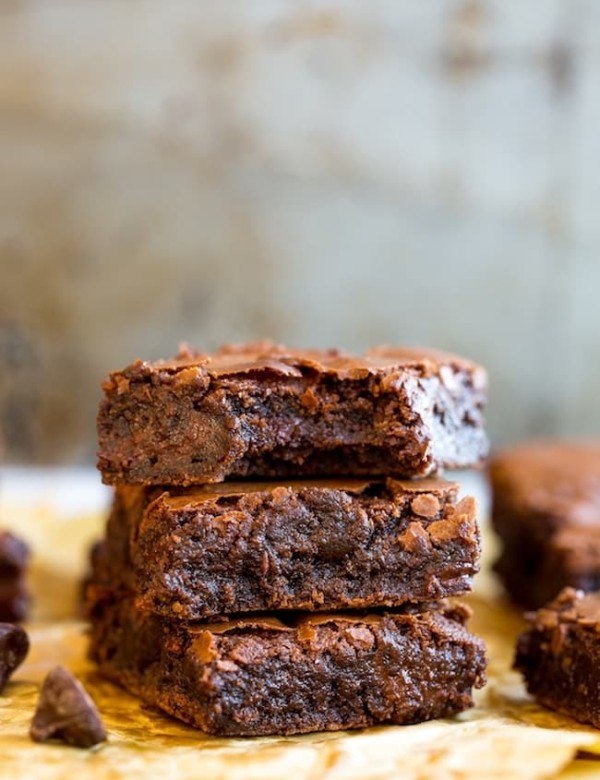 Chickpea Brownies stacked with chocolate chips
