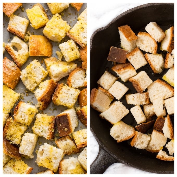 gluten free croutons - 2 ways: on a baking sheet on the left and in a skillet on the right