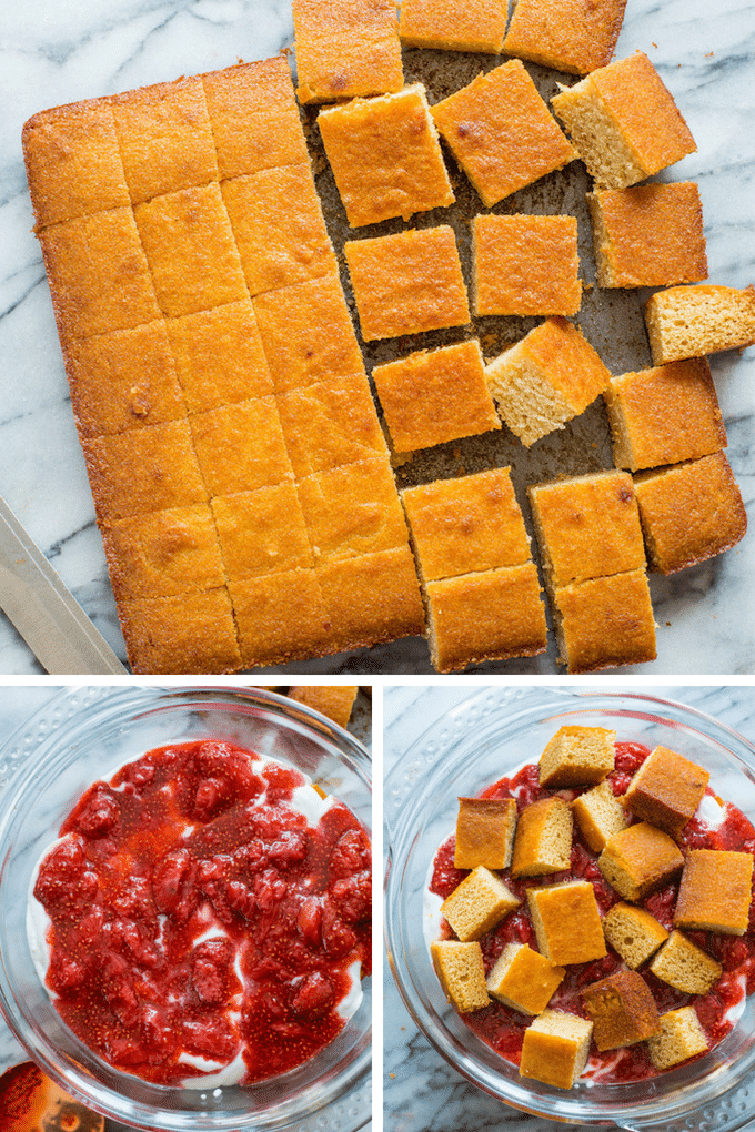 making of paleo trifle: top picture is cubed coconut cake, bottom left is berry sauce and bottom right picture is the cake on top of the berry sauce